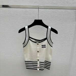 Miu Miu Cream Knit Tank with Black Trim & Striped Hem